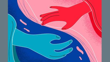 Red hand and blue hand reaching toward each other